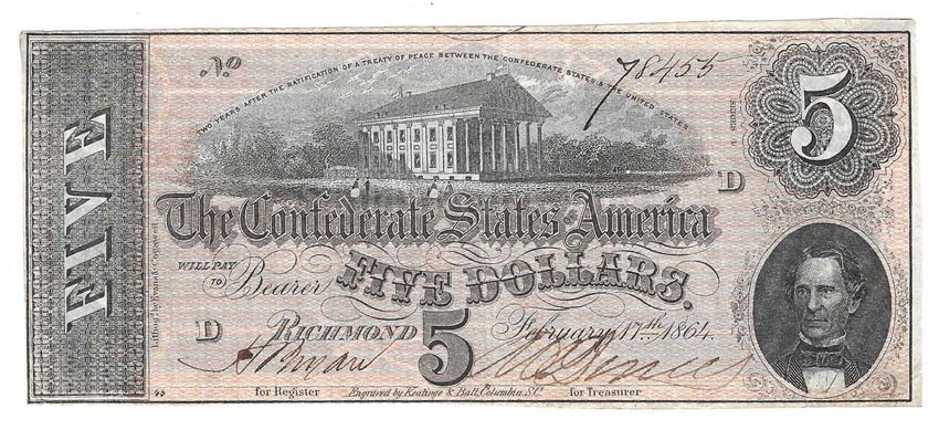 1864 MOST FAMOUS CONFEDERATE BILL EVER ISSUED (HORSES PULL CANNON)  GUARANTEED ORIGINAL! LIGHTLY CIRCULATED! BEST PRICE! $10 VF Range or better  (considerable crispness remaining) at 's Collectible Coins Store