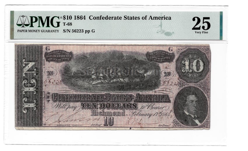 1864 MOST FAMOUS CONFEDERATE BILL EVER ISSUED (HORSES PULL CANNON)  GUARANTEED ORIGINAL! LIGHTLY CIRCULATED! BEST PRICE! $10 VF Range or better  (considerable crispness remaining) at 's Collectible Coins Store